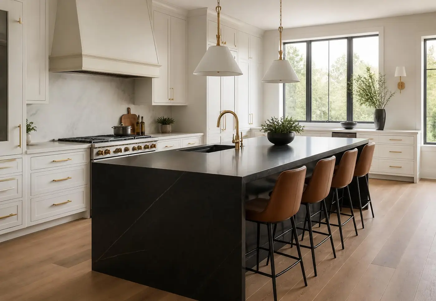 Luxury kitchen renovation with black stone island and brass fixtures