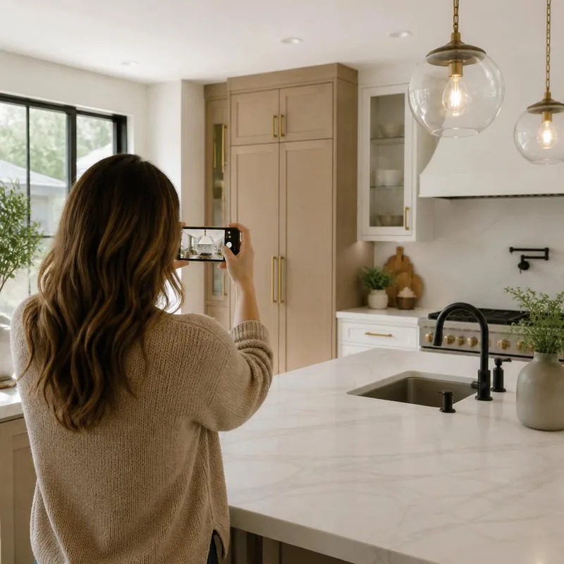Homeowner photographing a modern kitchen for an instant price estimate